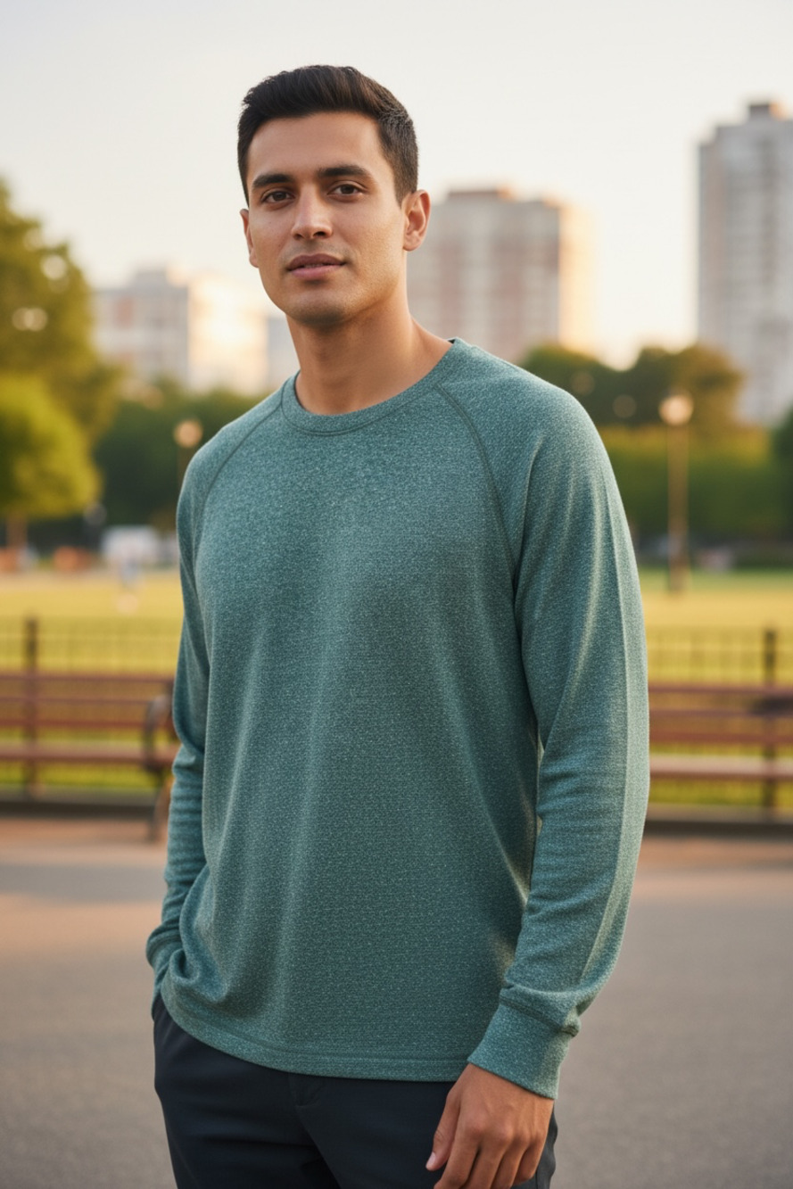 Banana Republic Men's Heathered Green Long Sleeve Crewneck Pullover